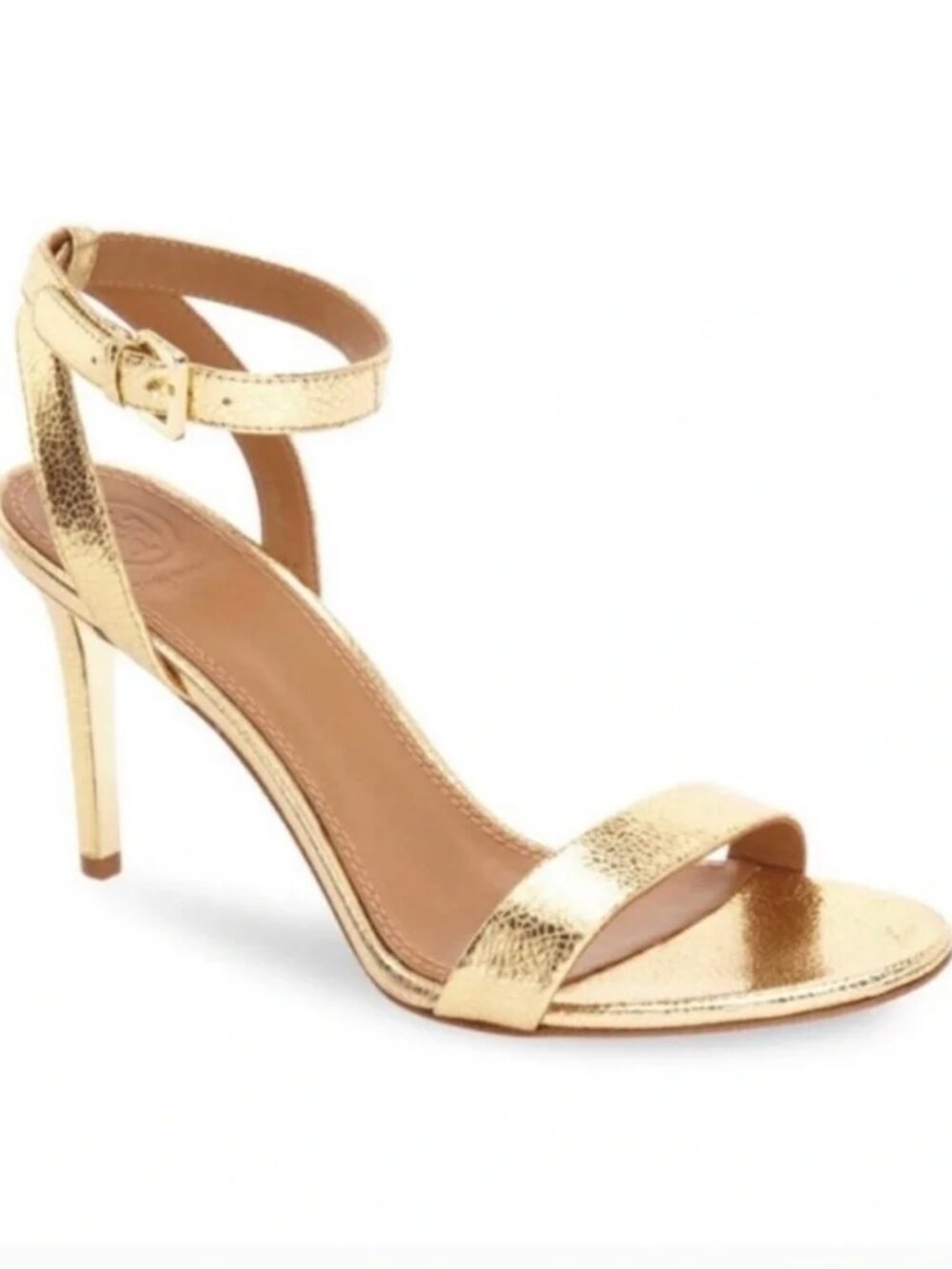 Tory Burch / NWT NIB / Elana 85mm Mirror Craquelee Gold Stappy Sandal / Size 6.5